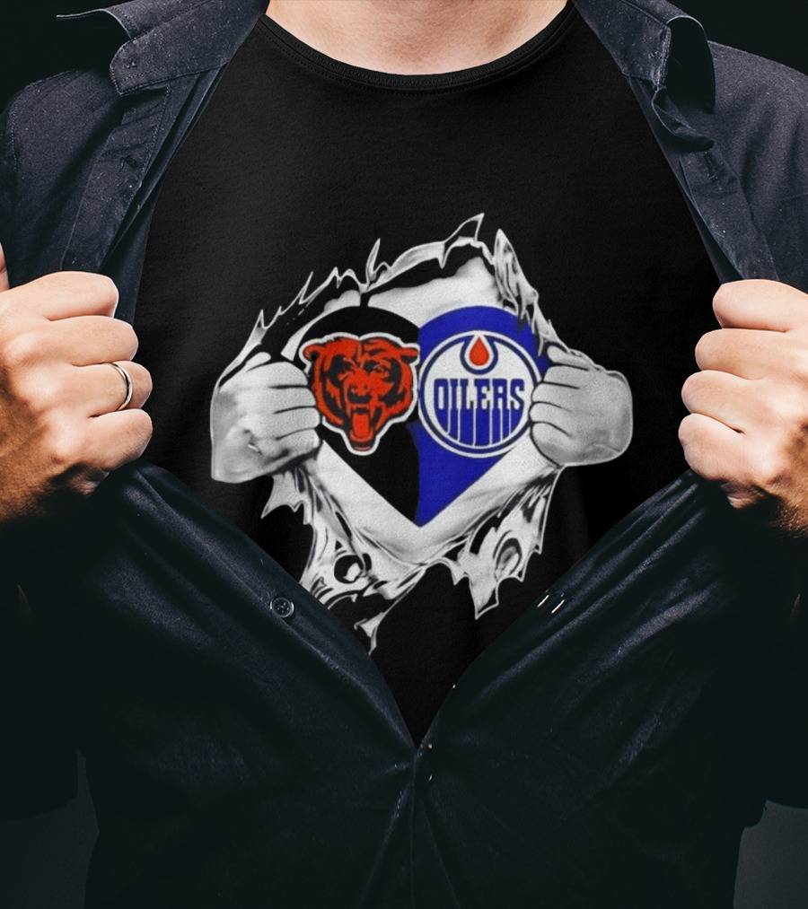 Chicago Bears And Edmonton Oilers Logo Heart Tear T-Shirt
