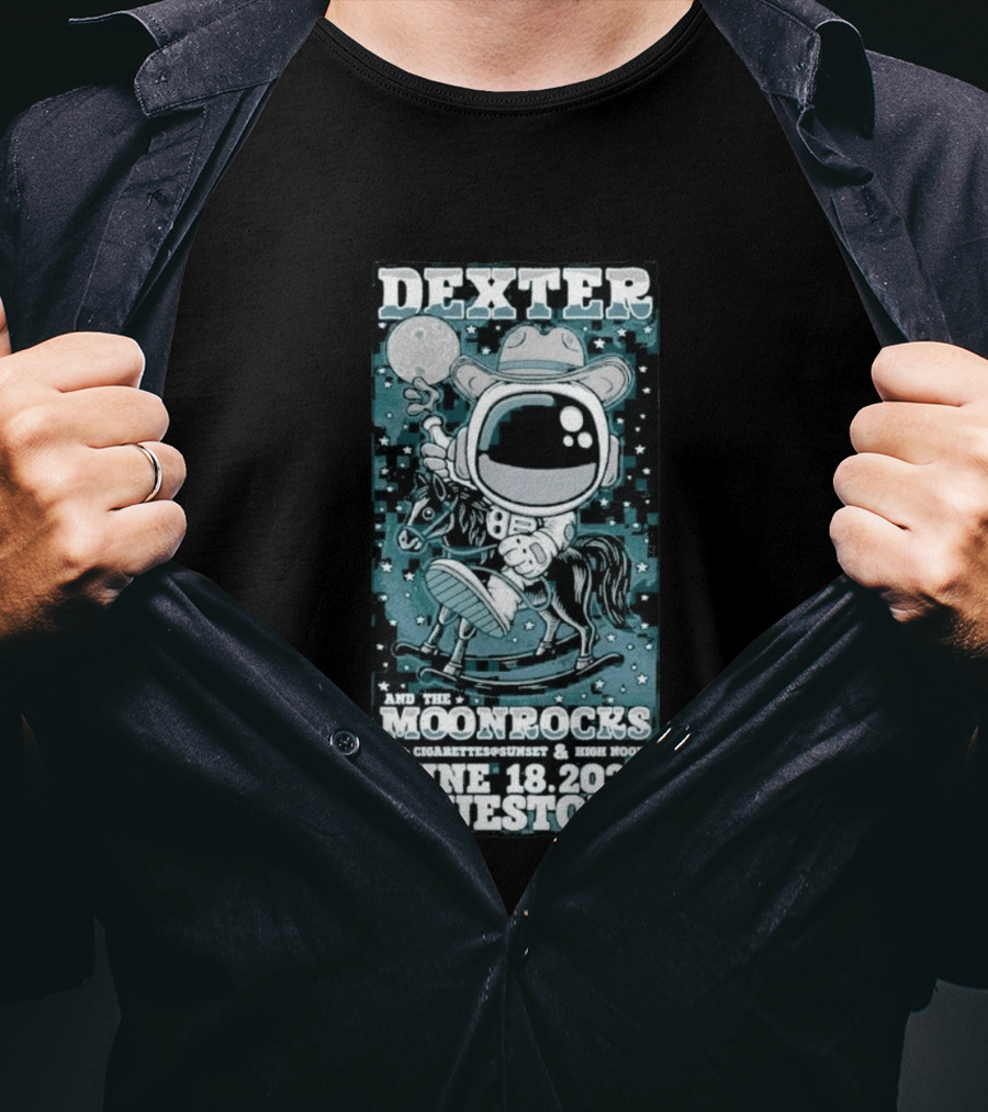 Dexter And The Moonrocks June 18 2026 Bluestone Astronaut Cowboy Riding Horse With Cigarettes Sunset And High Noon T-Shirt
