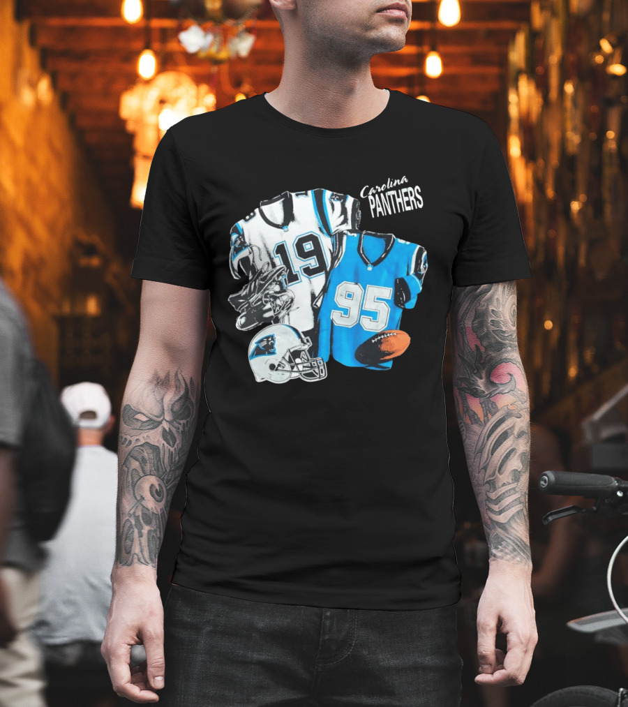 Carolina Panthers 19 95 Jerseys And Helmet With Football T-Shirt