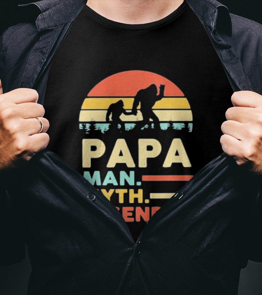Papa Man Myth Legend Bigfoot Retro Sunset T-Shirt
