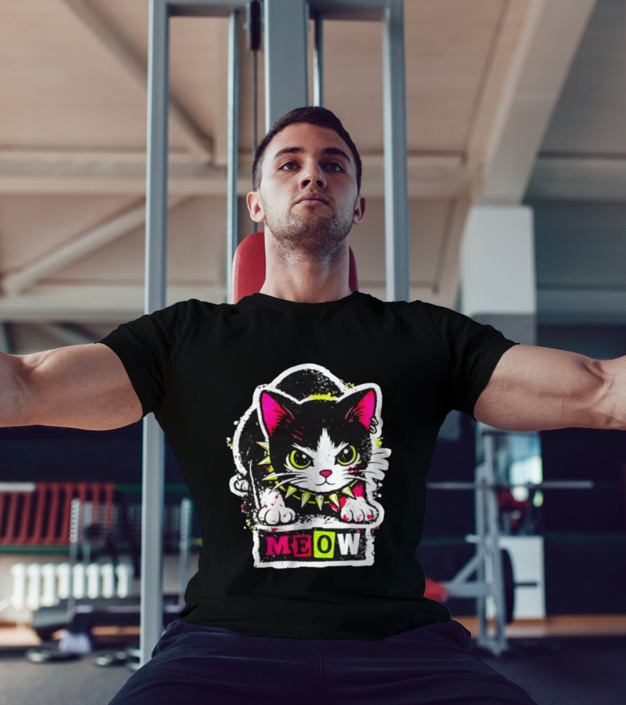 Punk Rock Cat Studded Collar Meow For Music Fans And Cat Lovers T-Shirt