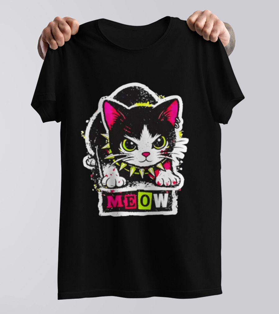 Punk Rock Cat Studded Collar Meow For Music Fans And Cat Lovers T-Shirt