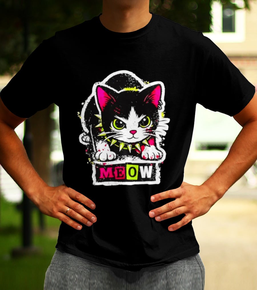 Punk Rock Cat Studded Collar Meow For Music Fans And Cat Lovers T-Shirt