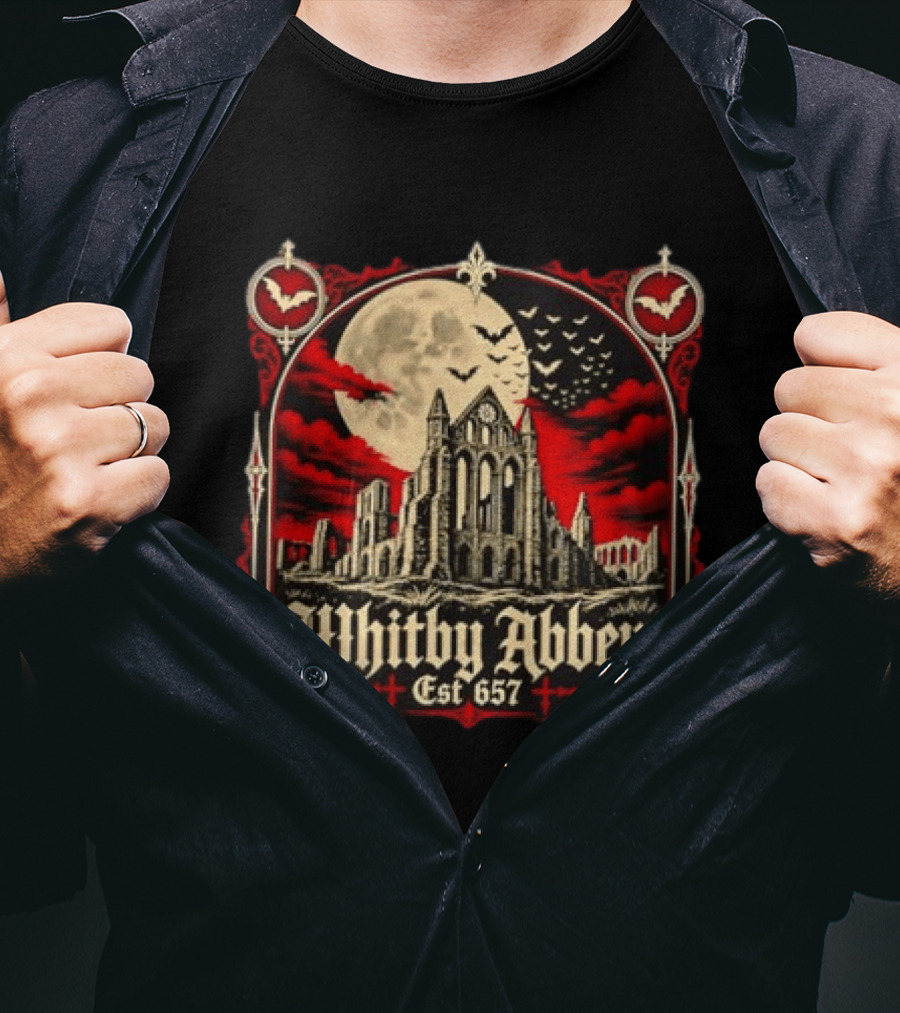 Whitby Abbey Gothic North Yorkshire England Est 657 Moon Bats T-Shirt