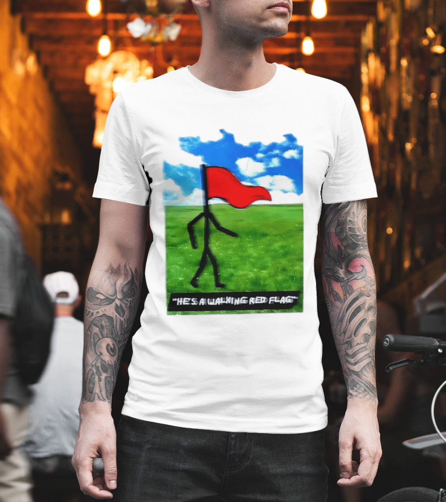 Stick Figure With Red Flag Walking In Field With Blue Sky T-Shirt