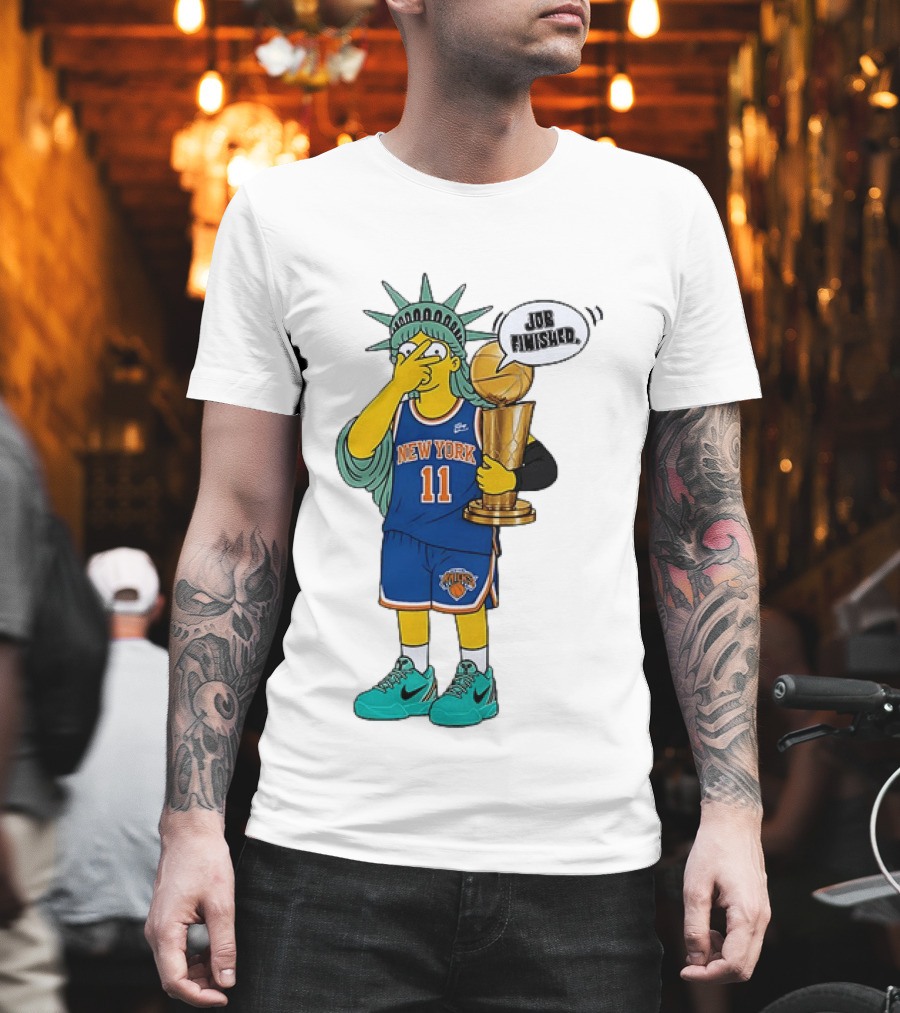 Statue Of Liberty Simpsons Jalen Brunson Hug Trophy New York Knicks Job Finished 2026 NBA Championship T-Shirt