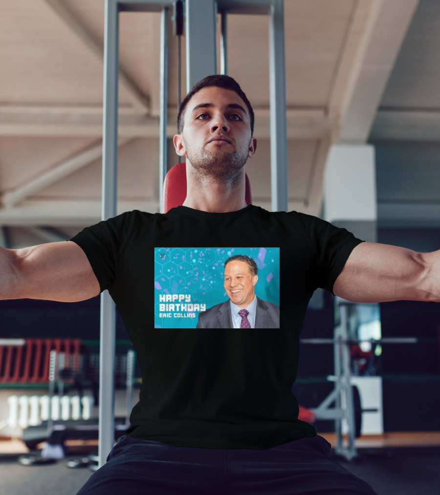 Happy 57th Birthday Eric Collins Celebration With Smiling Man And Turquoise Hexagonal T-Shirt