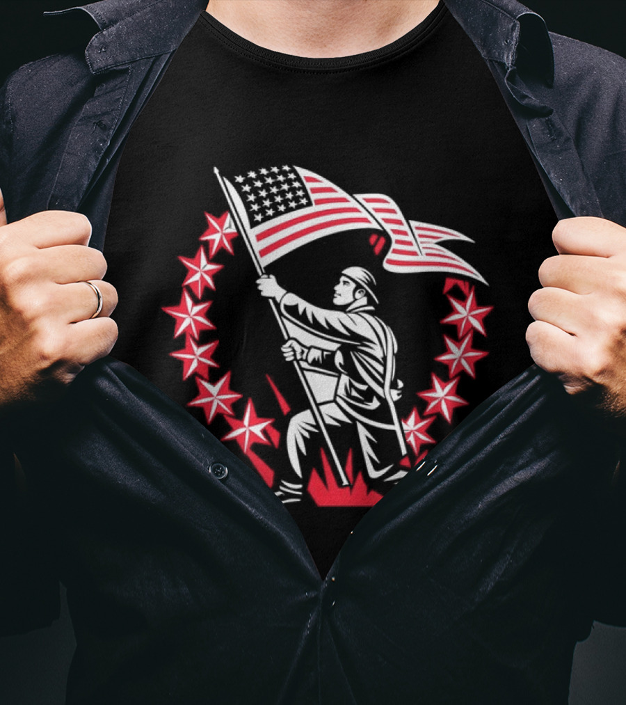 American Soldier Raising Flag USA Pride Patriotic Stars T-Shirt