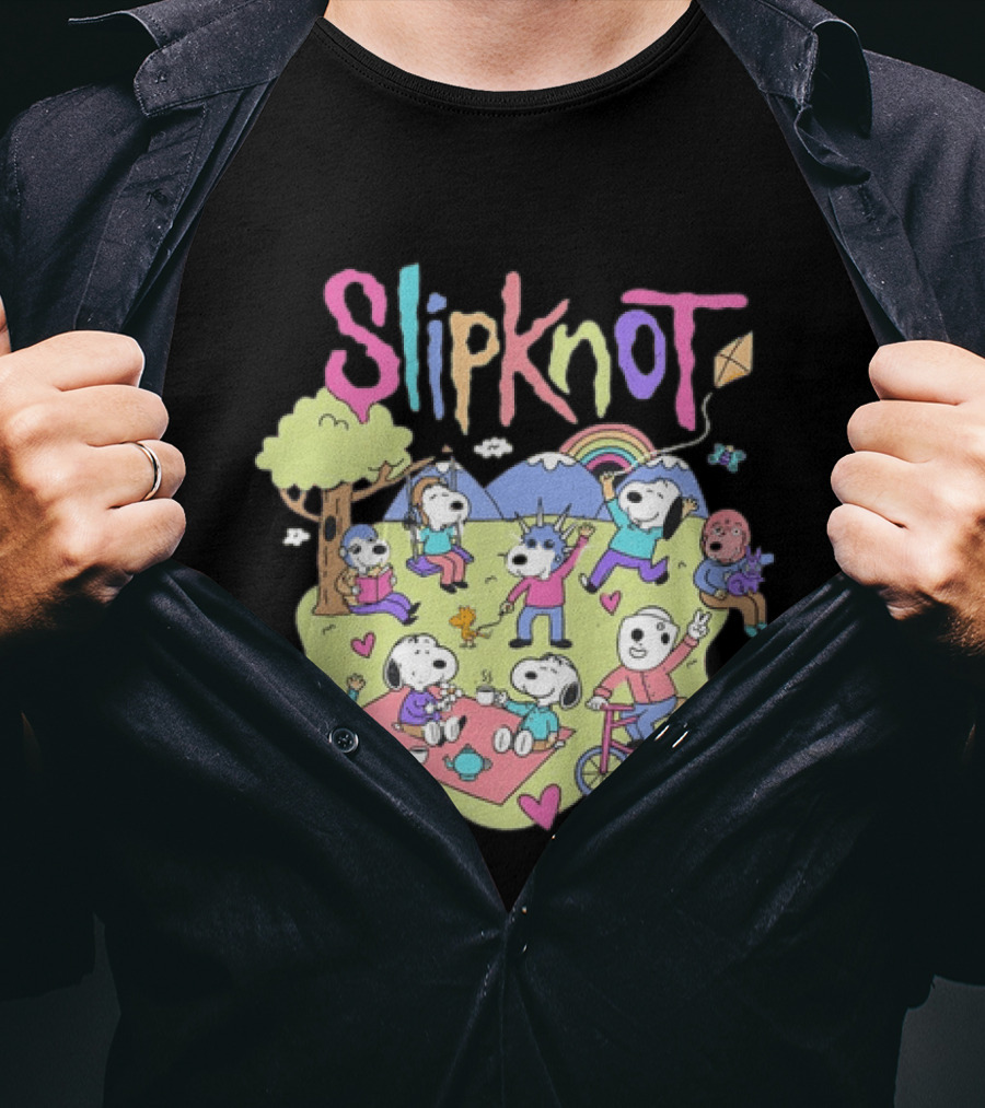 Snoopy Peanuts Characters Playing In Park With Slipknot T-Shirt