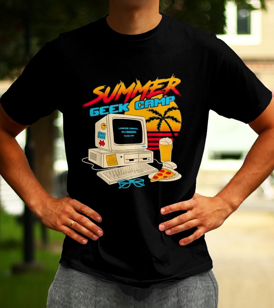 Summer Geek Camp Retro Computer Pizza And Palm Vibes T-Shirt