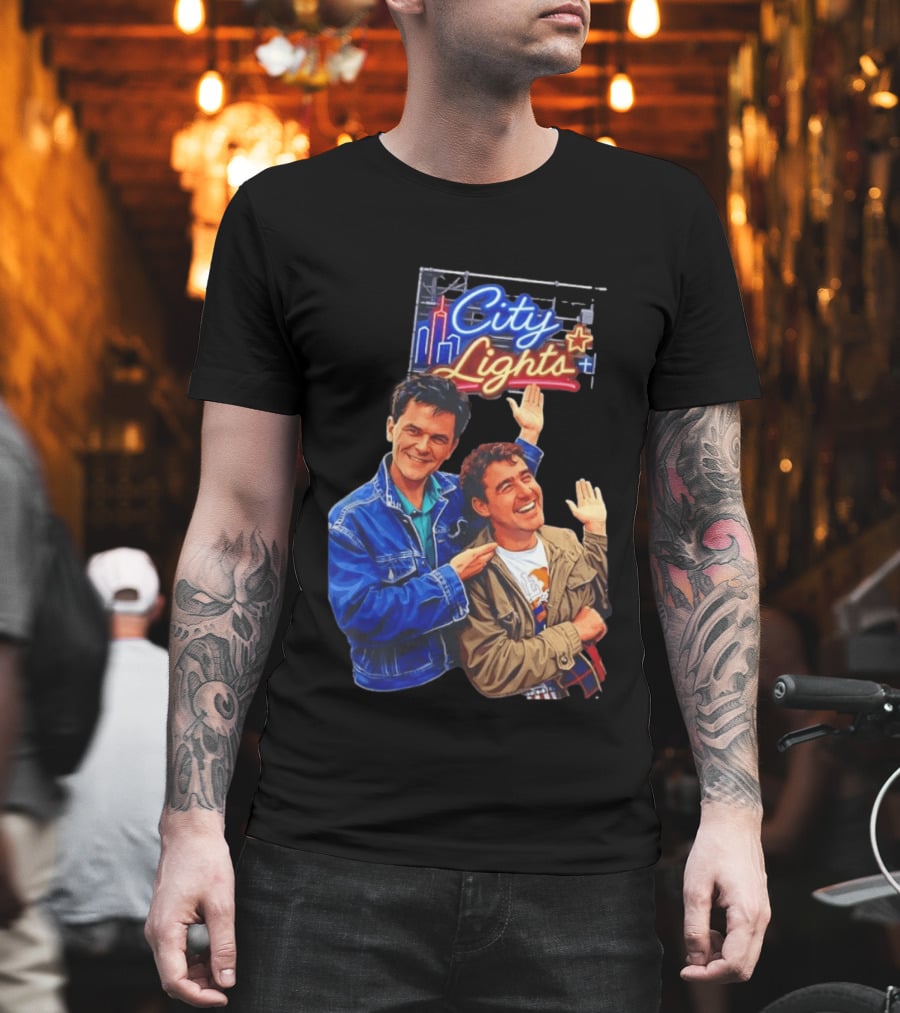 Two Men Smiling And Waving City Lights Neon Sign T-Shirt