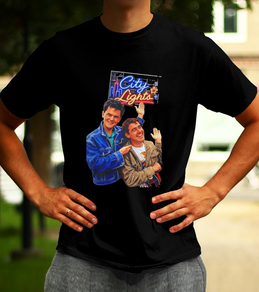 Two Men Smiling And Waving City Lights Neon Sign T-Shirt