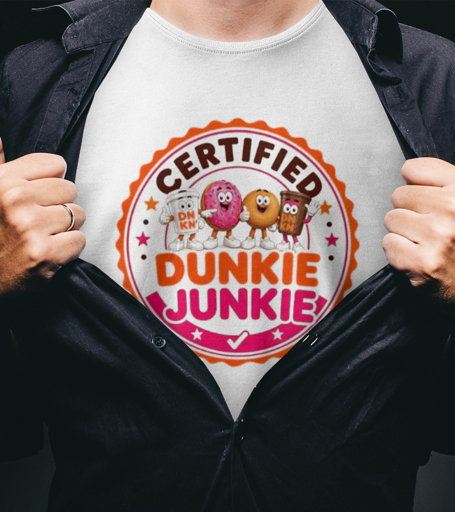Certified Dunkie Junkie Characters Badge Coffee Donut Fun T-Shirt