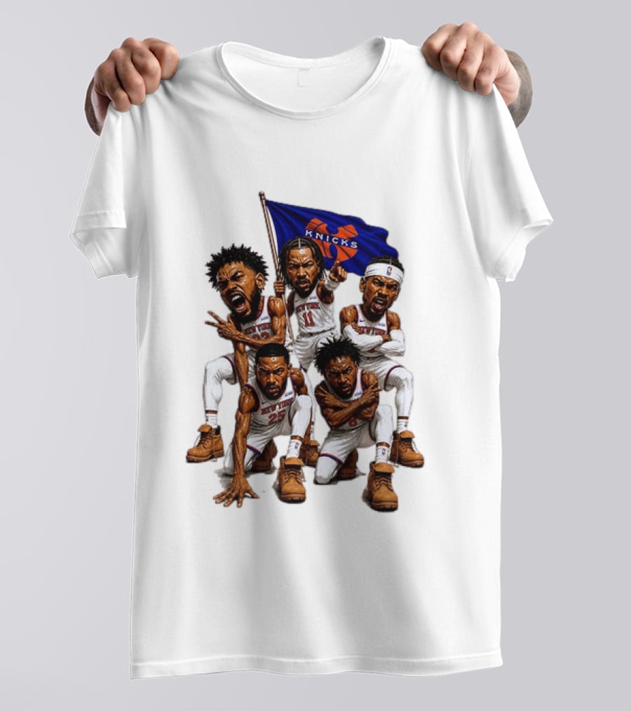 New York Knicks Jalen Brunson NBA Players Holding Team Flag Celebration T-Shirt