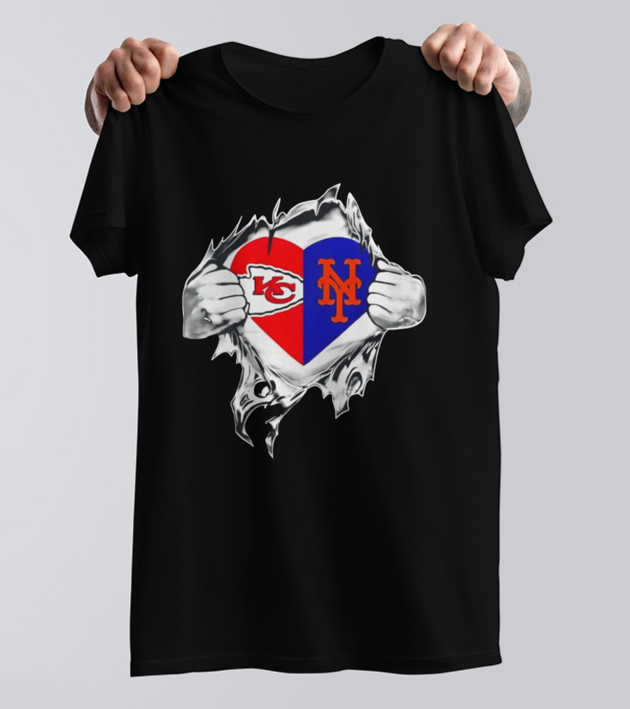 Kansas City Chiefs New York Mets Heart Torn Chest Combo T-Shirt