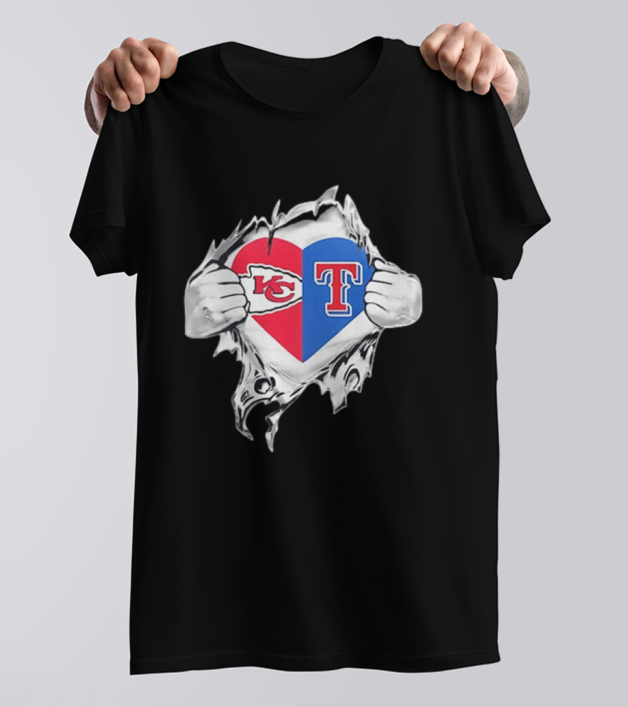 Kansas City Chiefs Texas Rangers Heart Rip Open T-Shirt