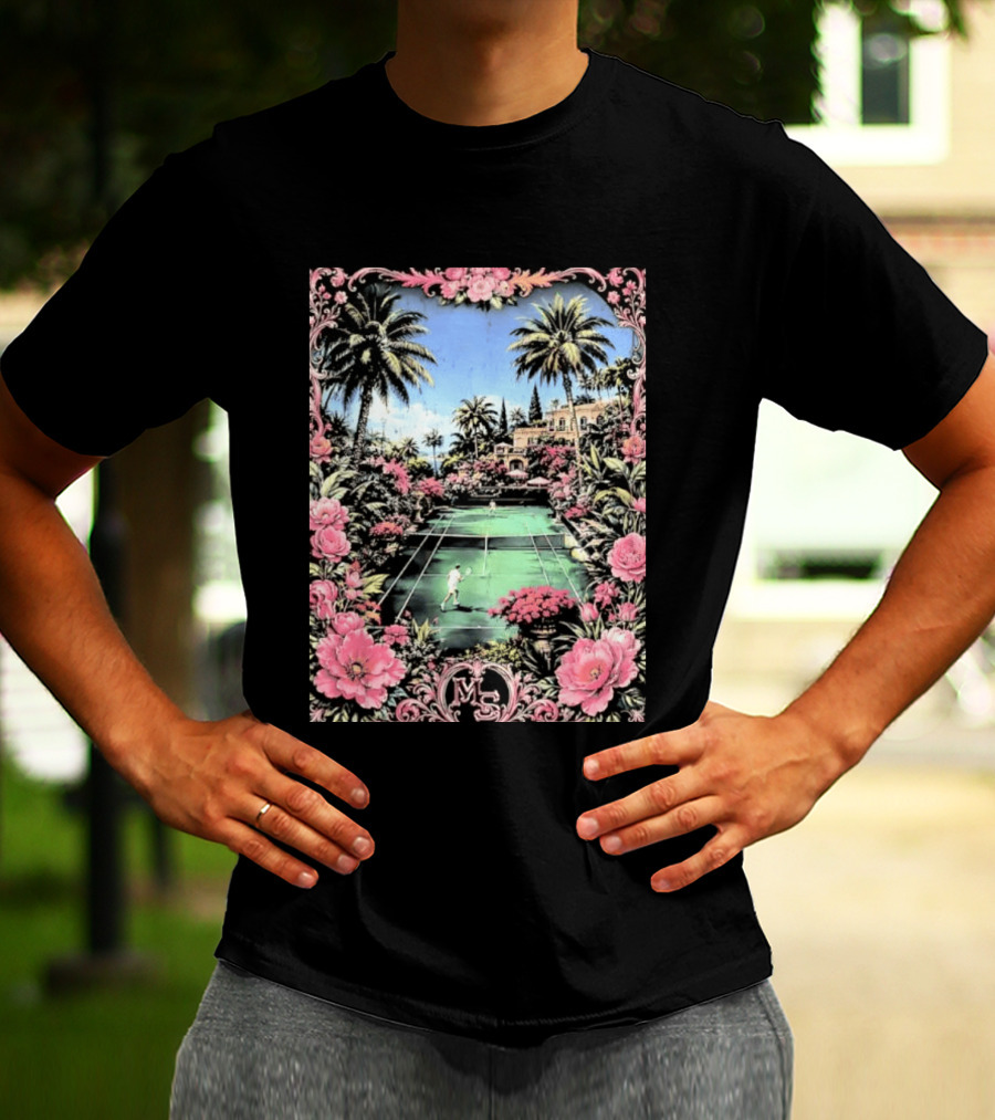 Tennis Players On Mansion Court MS Initials With Pink Floral Frame T-Shirt