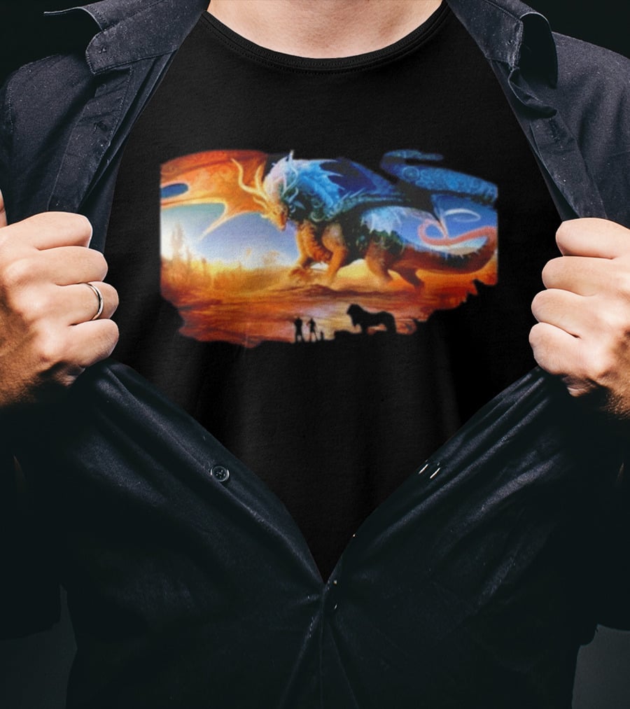 Giant Dragon In Radiant Golden Light With Blue And Orange Wings T-Shirt