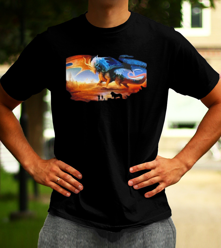 Giant Dragon In Radiant Golden Light With Blue And Orange Wings T-Shirt