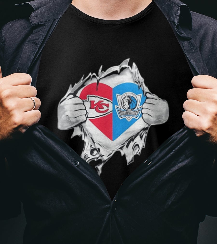 Kansas City Chiefs Dallas Mavericks Heart Ripped Open NFL NBA Crossover Fan Gear T-Shirt