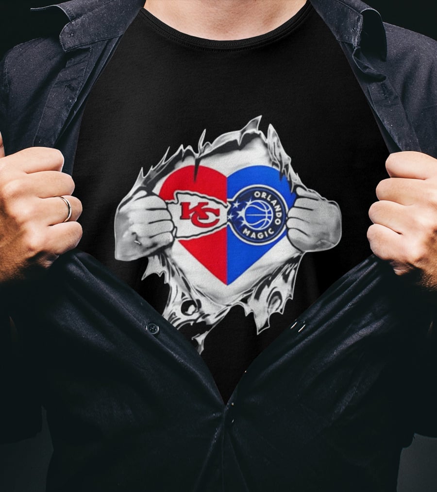 Kansas City Chiefs And Orlando Magic Heart Tear Open T-Shirt