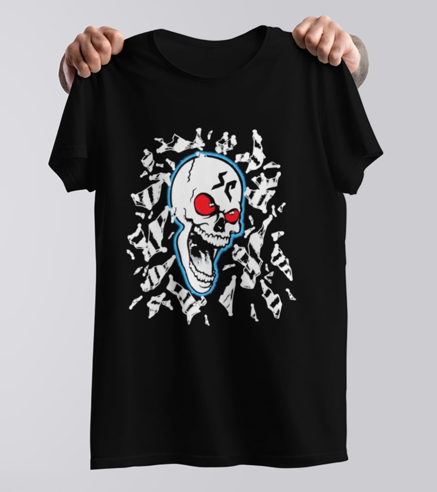 SC Skull Breaking Glass Explosive Red Eyes Fractured Blue T-Shirt