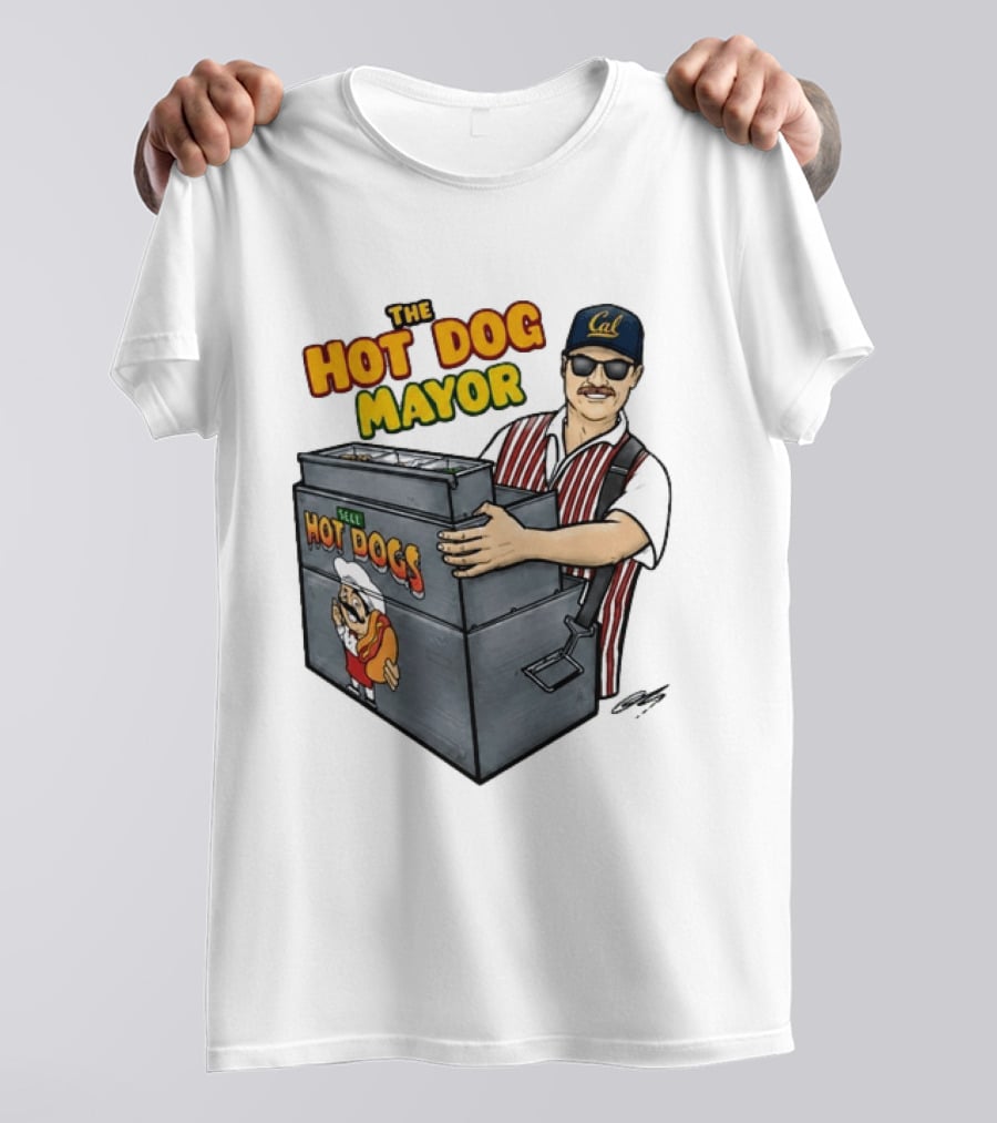The Hot Dog Mayor Vendor With Cal Hat And Hot Dogs Cart T-Shirt
