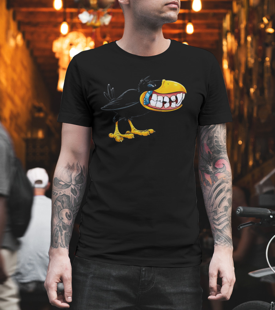 Crow With Huge Teeth Cartoon Blue Phone Green T-Shirt
