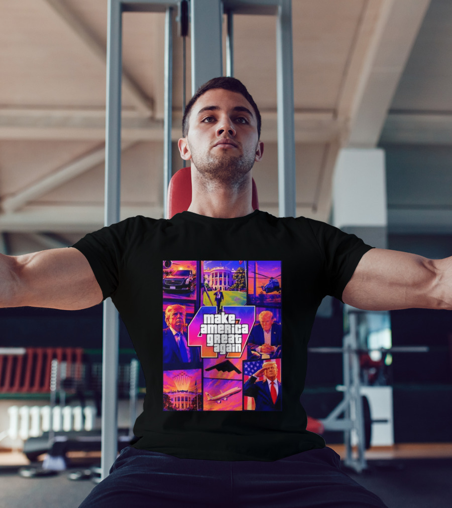 Make America Great Again GTA 47 Parody Trump White House Military Aircraft Montage T-Shirt