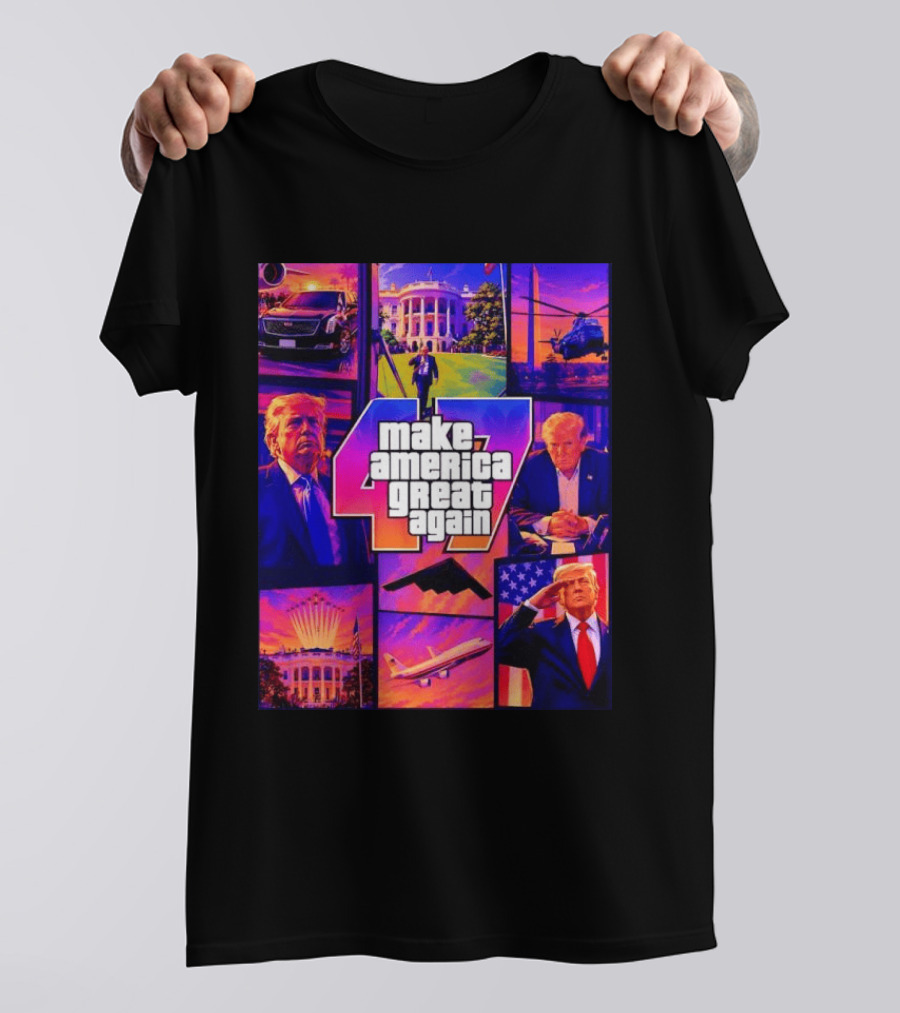 Make America Great Again GTA 47 Parody Trump White House Military Aircraft Montage T-Shirt