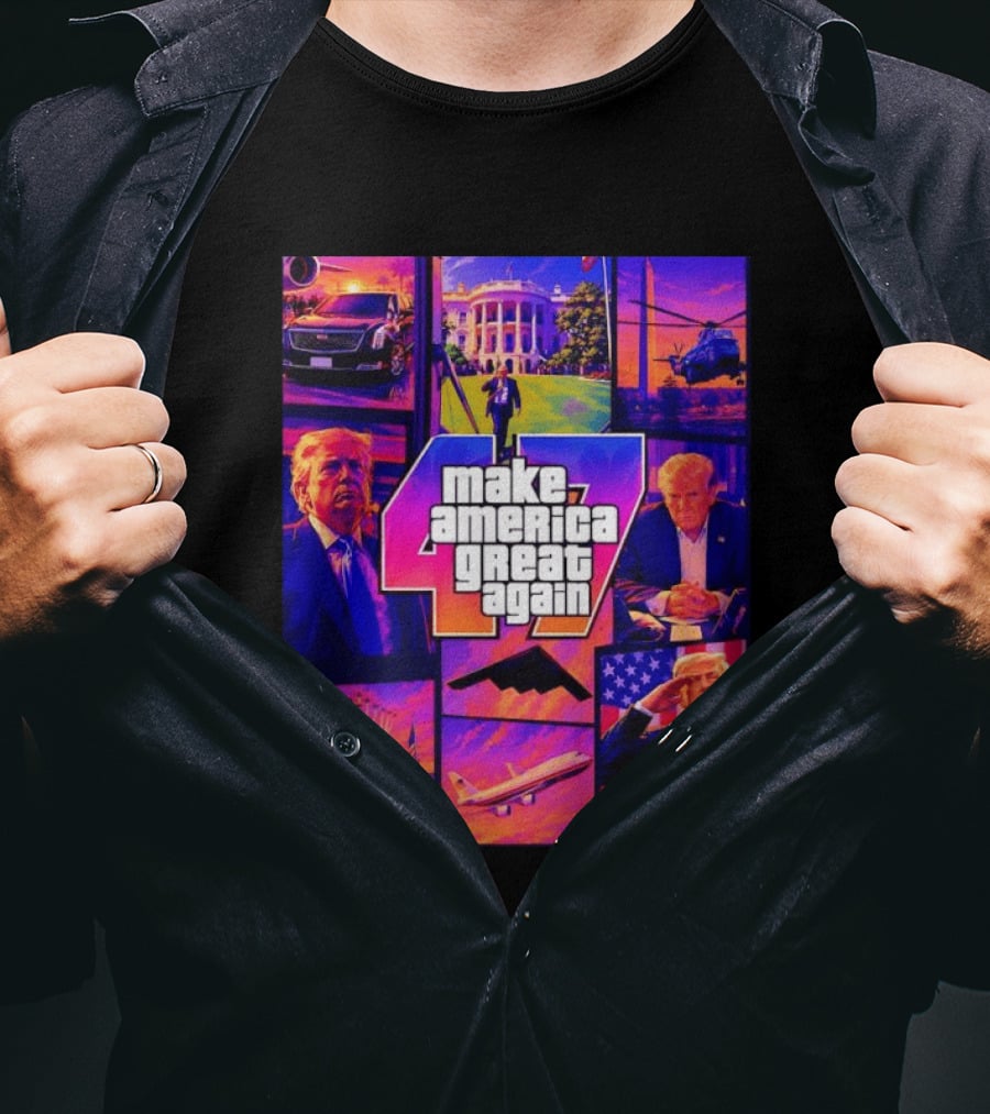 Make America Great Again GTA 47 Parody Trump White House Military Aircraft Montage T-Shirt