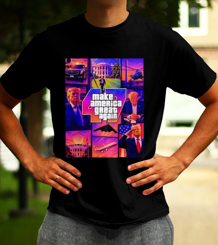 Make America Great Again GTA 47 Parody Trump White House Military Aircraft Montage T-Shirt