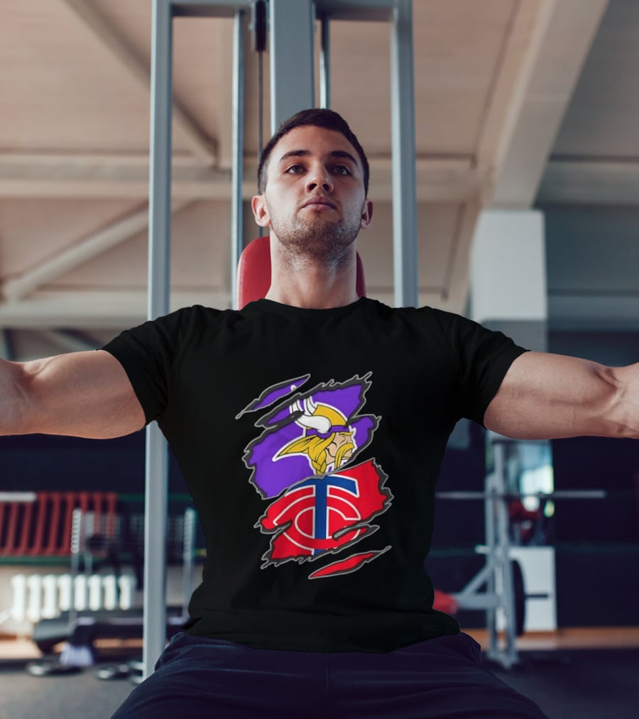 Minnesota Vikings Minnesota Twins Iconic Team Collaboration Ripped T-Shirt
