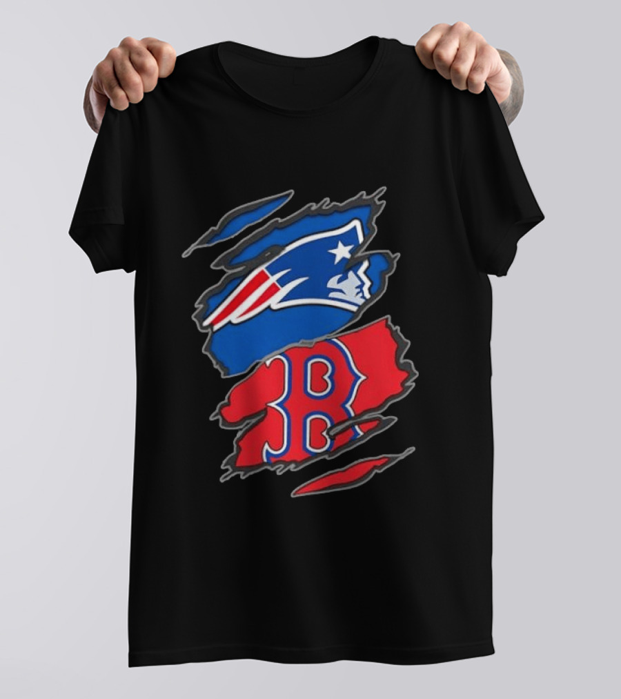Patriots Red Sox Ripped Design New England Boston Sports Fan T-Shirt