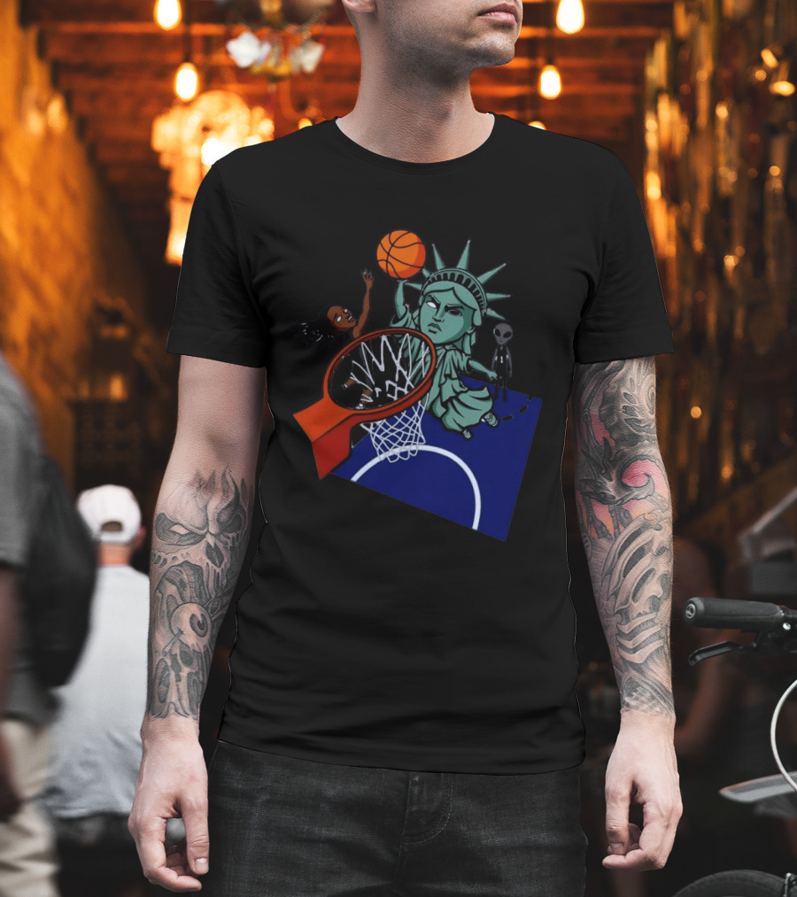 Statue Of Liberty Basketball Dunk With Alien And Athlete Joe Maracic T-Shirt