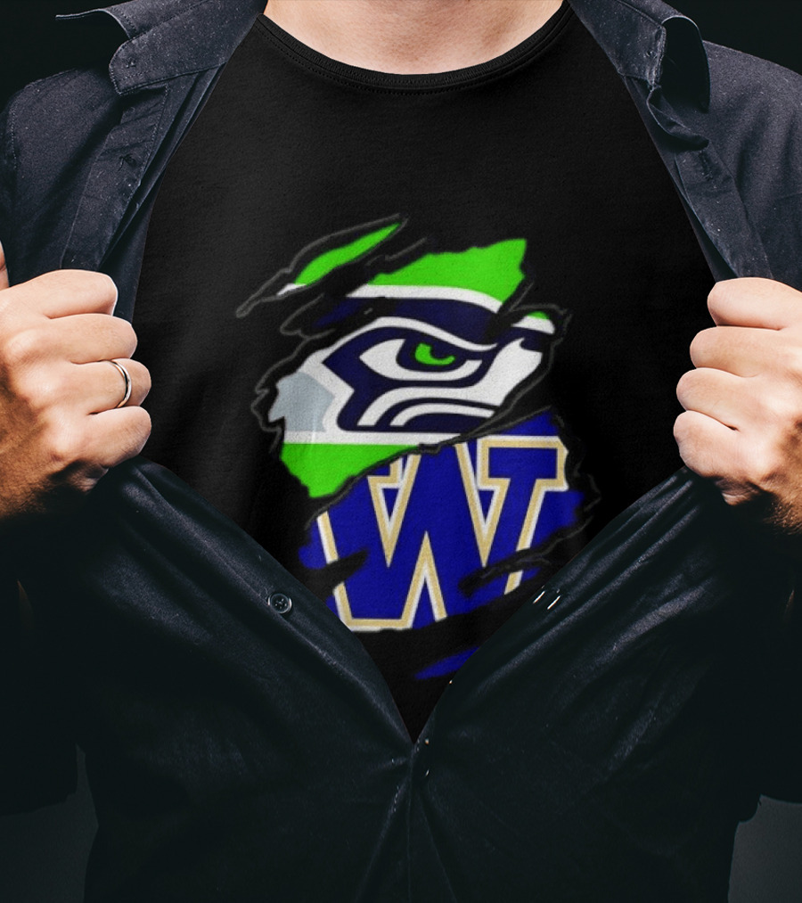 Seattle Seahawks Washington Huskies Ripped Through Logos T-Shirt