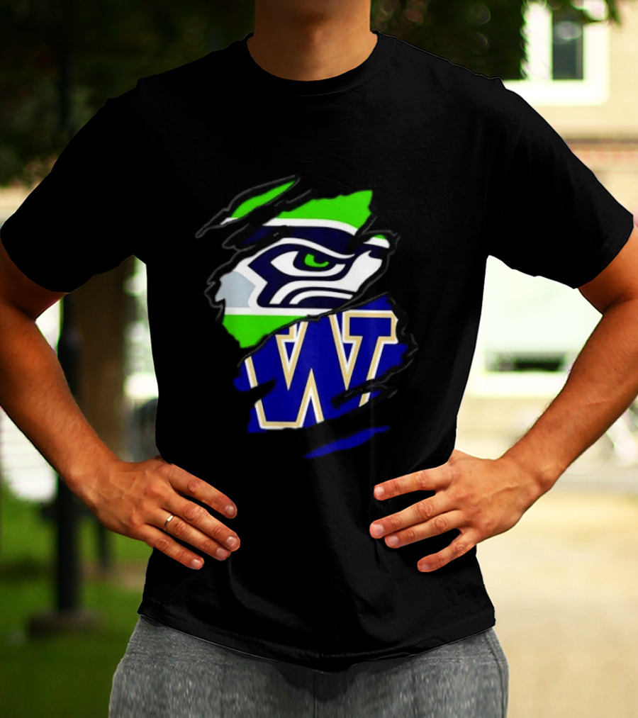 Seattle Seahawks Washington Huskies Ripped Through Logos T-Shirt