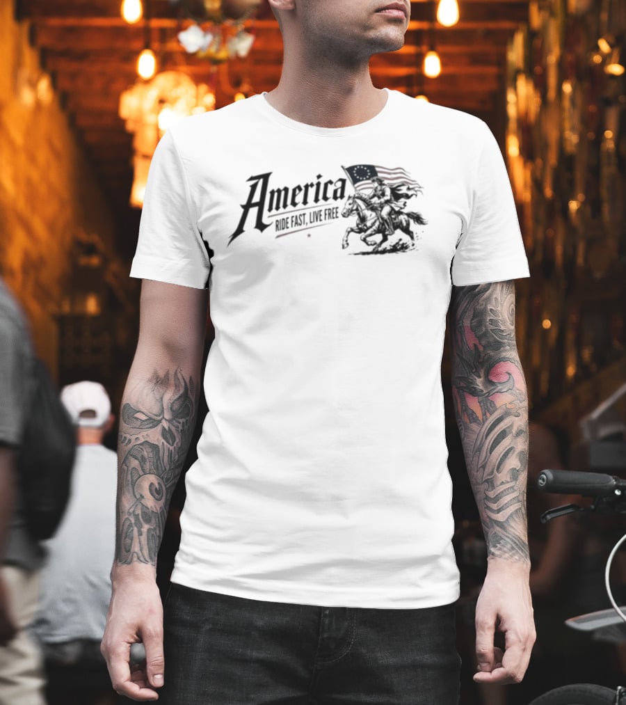 America Ride Fast Live Free Flag Revolutionary War Horseman T-Shirt