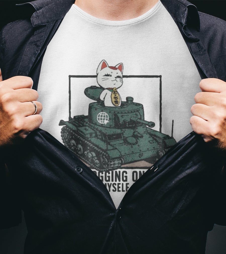Maneki Neko On Tank Me Logging On To Defend Myself Online T-Shirt