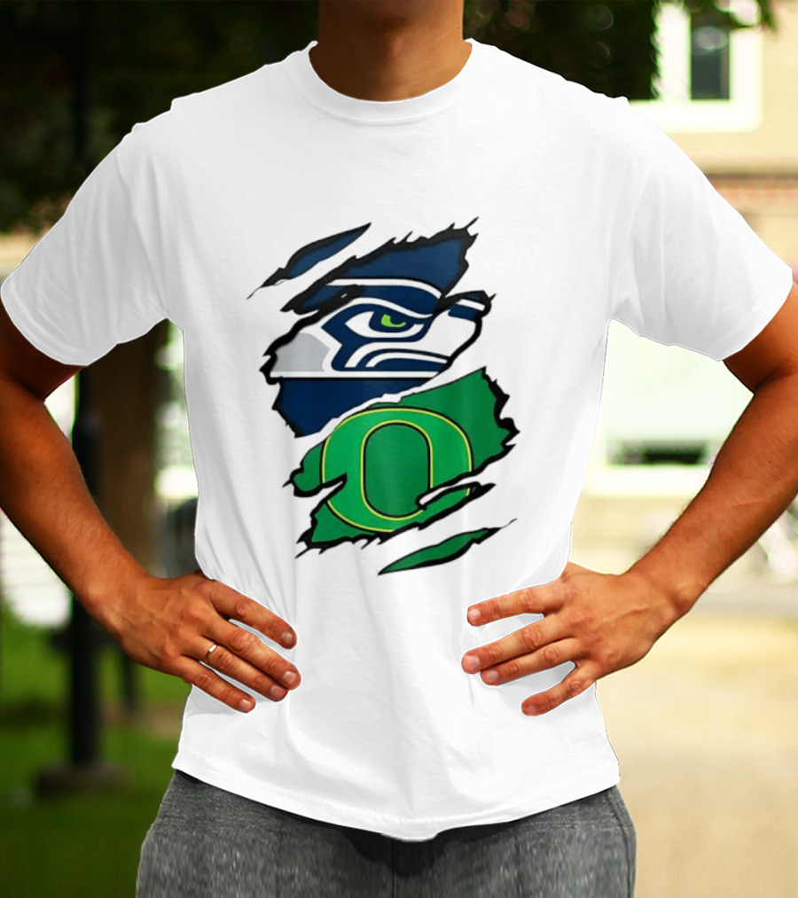 Seattle Seahawks Oregon Ducks Ripped Skin Effect NFL College Team Spirit T-Shirt