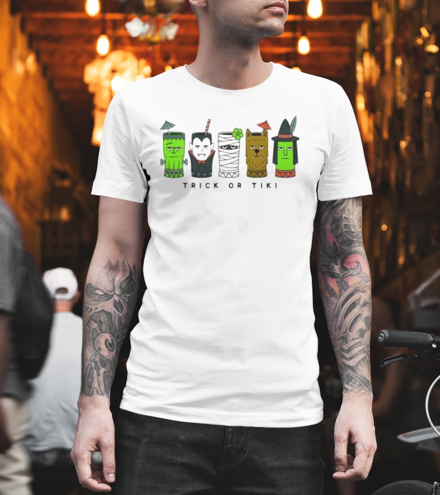 Trick Or Tiki Frankenstein Vampire Mummy Werewolf Witch Halloween T-Shirt