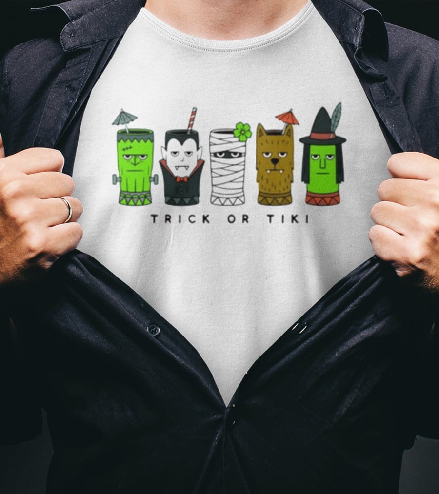 Trick Or Tiki Frankenstein Vampire Mummy Werewolf Witch Halloween T-Shirt