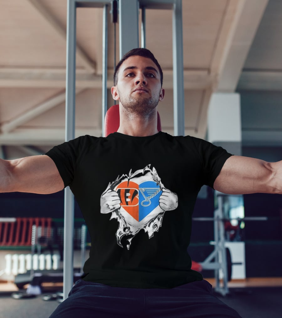 Bengals Blues Tattered Heart Shape Split Symbol With Hands T-Shirt