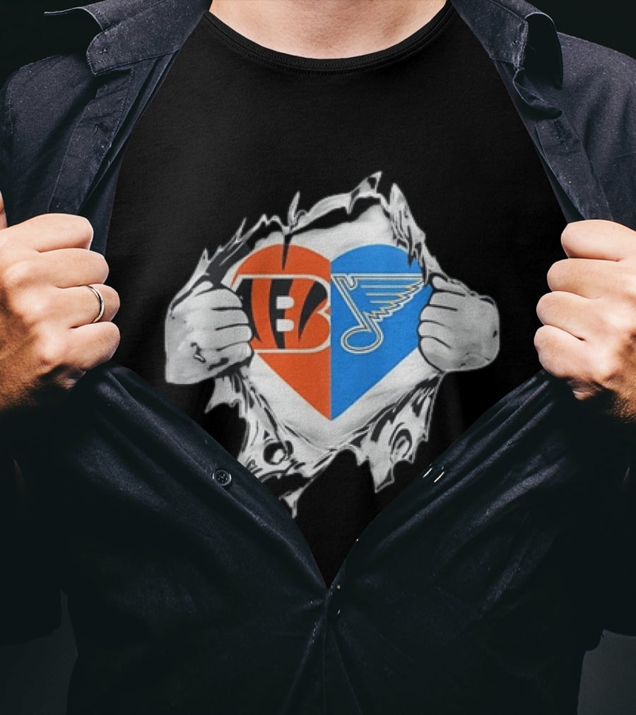 Bengals Blues Tattered Heart Shape Split Symbol With Hands T-Shirt