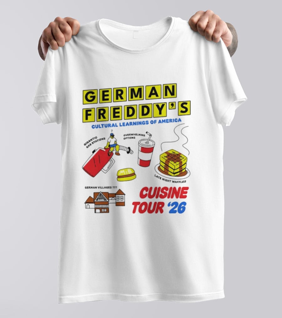 German Freddy's Cultural Learnings Of America Cuisine Tour '26 Village Fest Waffle Burger Soda T-Shirt