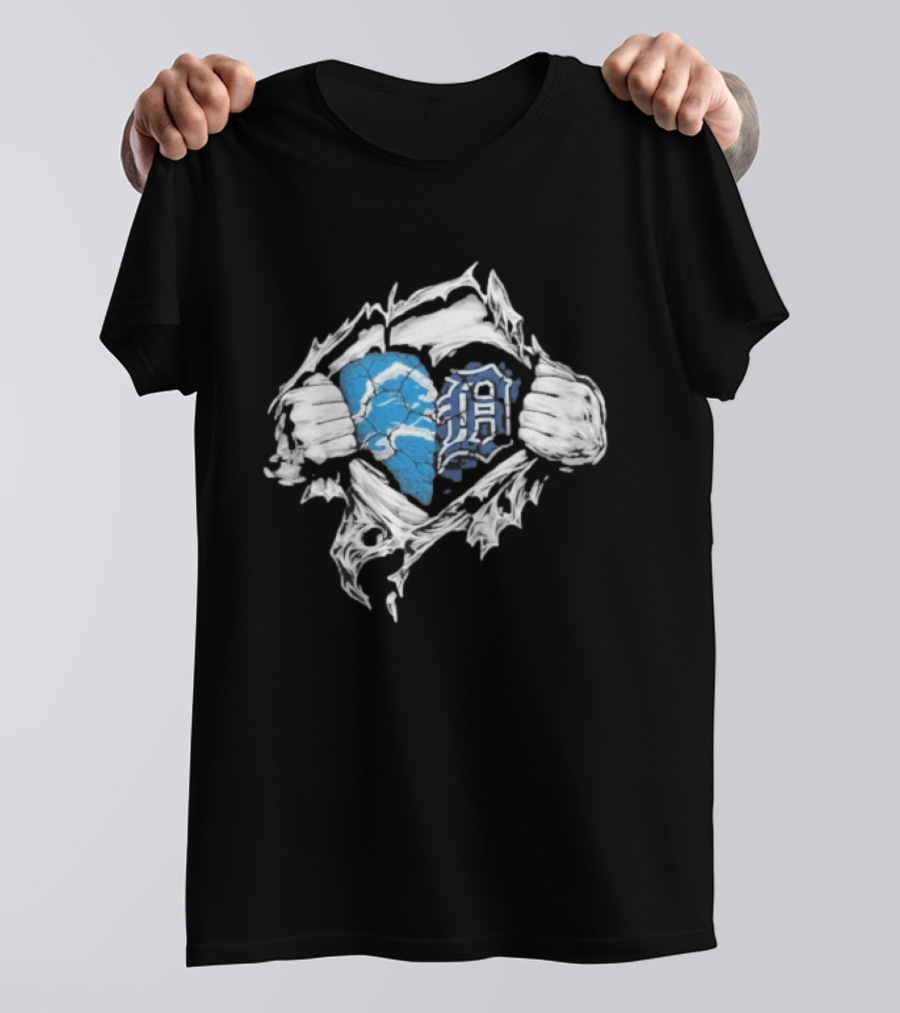 Detroit Lions Tigers Heart Ripped Design Collaboration Sports Fandom T-Shirt