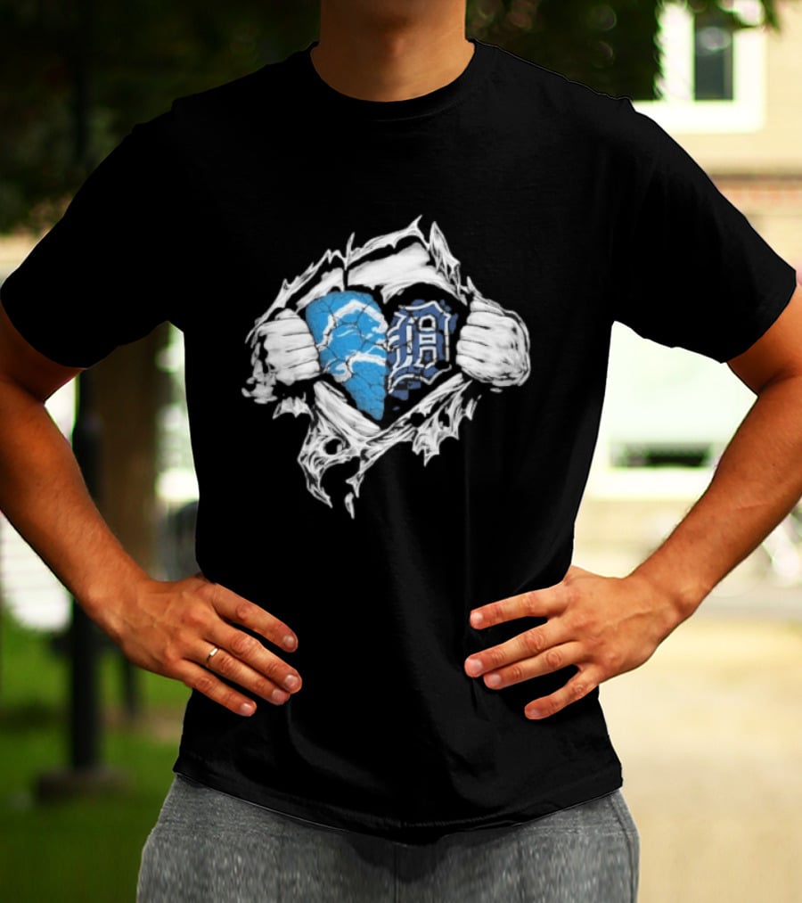 Detroit Lions Tigers Heart Ripped Design Collaboration Sports Fandom T-Shirt