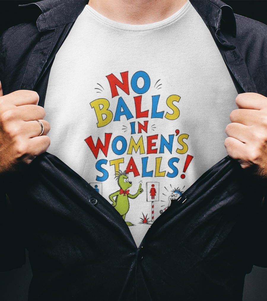 No Balls In Women's Stalls Cat Character Urinal Cartoon T-Shirt