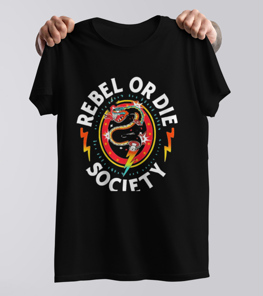 Rebel Or Die Society Snake Tattoo Lightning T-Shirt