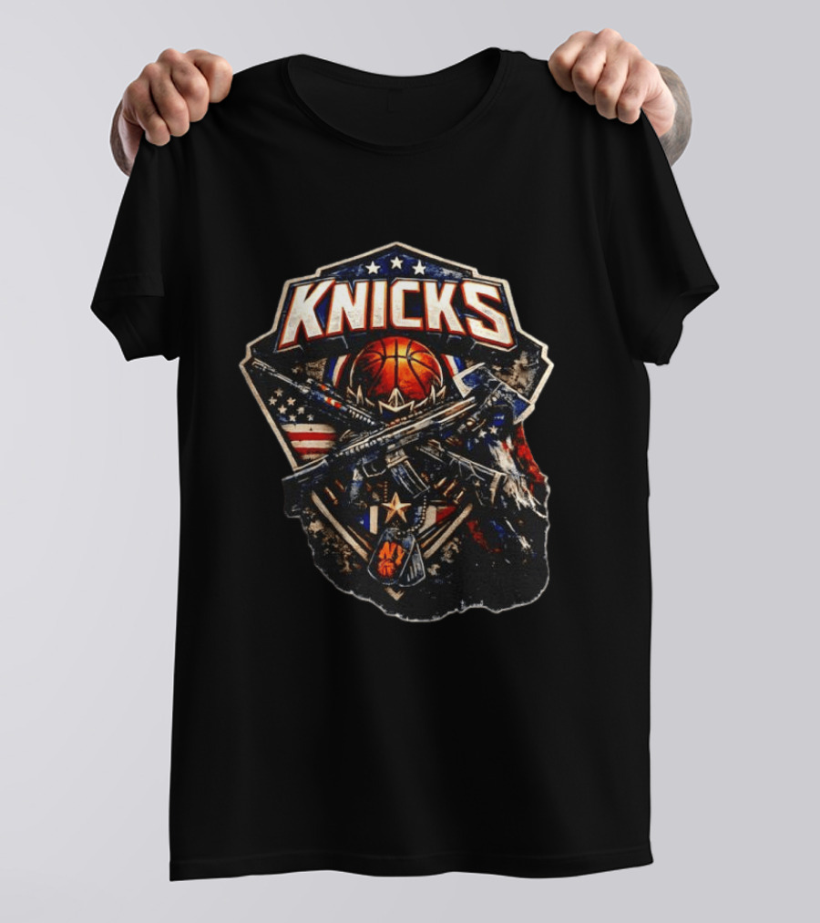 Knicks Basketball NBA Military Rifle Axe USA Flag Dog Tags T-Shirt